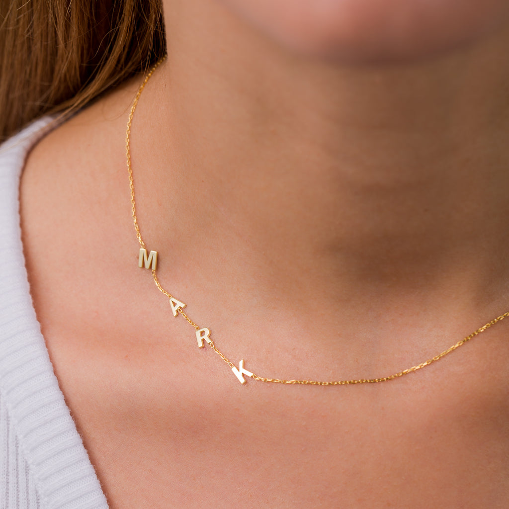 REAL GOLD Initial Name Necklace-14K Solid Gold Sideways Initial Necklace-Spaced outlet Letter Necklace-14K Personalized Gold Jewelry-Gift for Mom